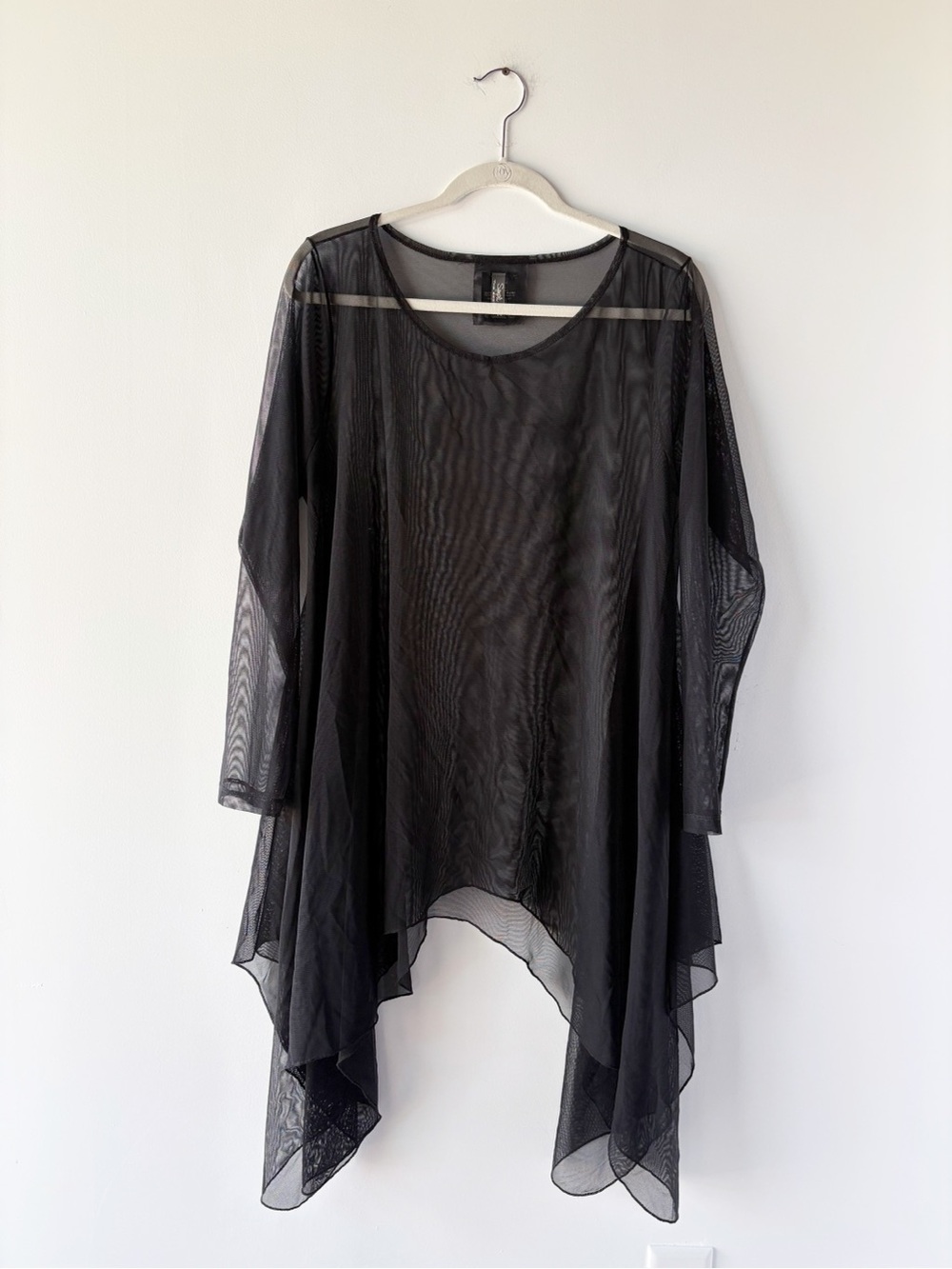 Sympli Black Sheer Mesh Long Sleeve Sharkbite Hem Asymmetric Tunic Top 10